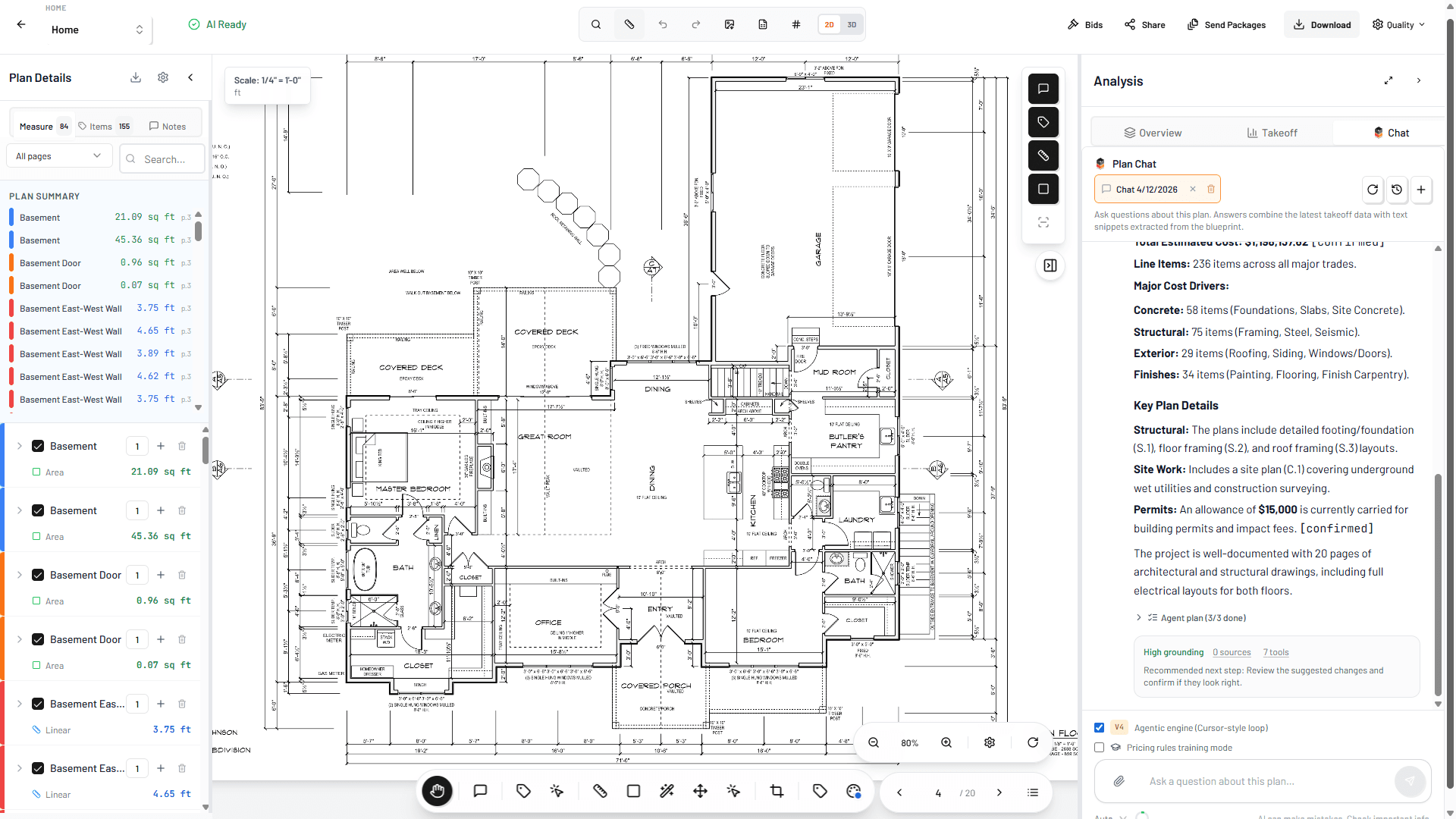 Bidi plan viewer dashboard with AI takeoff and Plan Chat