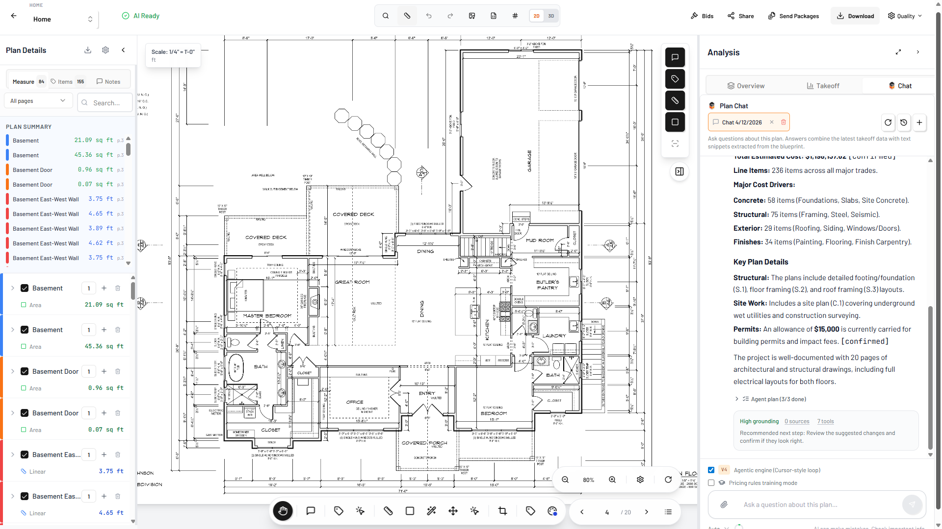 Bidi plan viewer with a retail floor plan, AI Ready status, and analysis sidebar showing footing quantities and chat